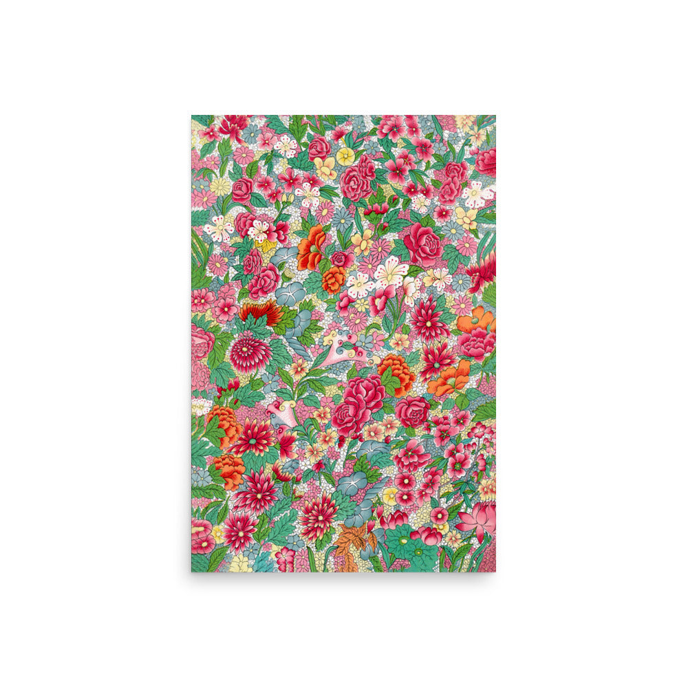 Colorful flower pattern from Examples of Chinese Ornament by Owen Jones, featuring vibrant floral motifs and intricate decorative details.