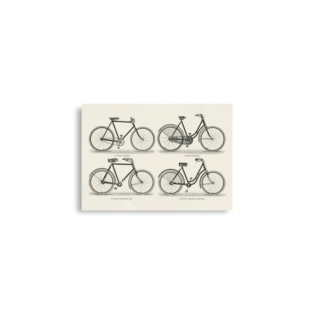 Vintage lithograph from 1894 titled ‘Fahrräder 1’ from Meyers Konversations Lexikon, featuring detailed illustrations of different bicycle designs