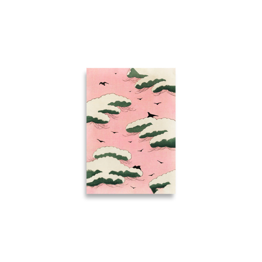 Pink sky illustration from Shin Bijutsukai, featuring birds, trees, and intricate shadow patterns in a nature-inspired design.
