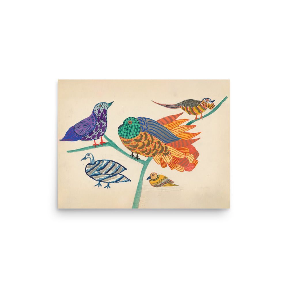 Embroidery design of birds and branches from 1914 by Atelier Martine and Paul Poiret, blending nature and ornamental textile art.