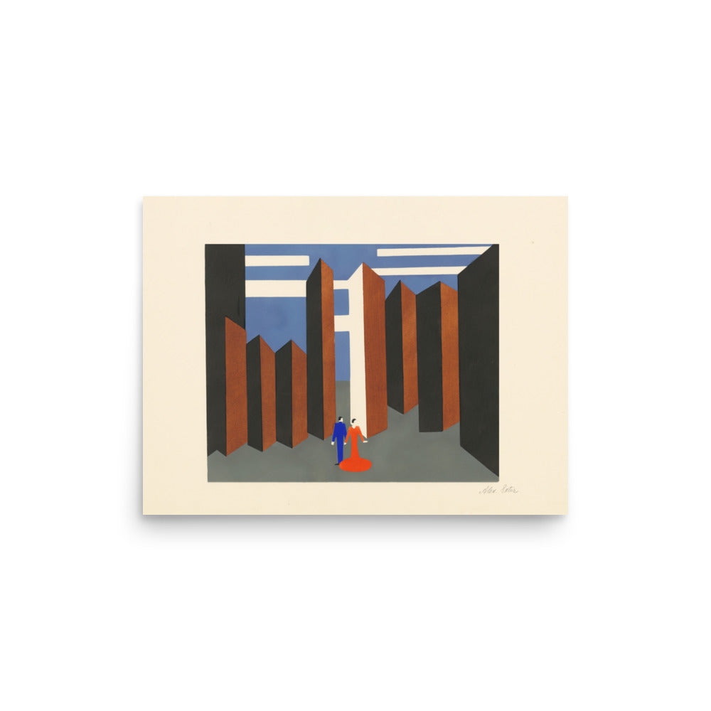 Minimalist theater scene by Alexandra Exter featuring two central figures framed by vertical brown columns in an abstract architectural setting.