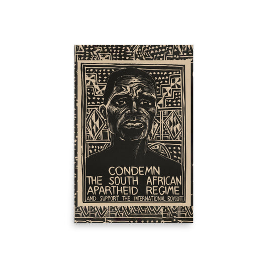 1976 poster by Rachael Romero condemning South African apartheid and supporting the international boycott, featuring bold imagery of a Black man.