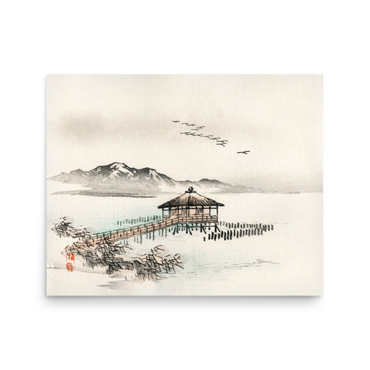 Cottage by the Sea by Kōno Bairei (1844–1895), showcasing a serene coastal scene in Japanese artistic style.