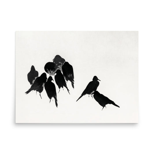 Illustration of crows and leaves from Seitei Kacho Gafu (1890–1891) by Watanabe Seitei, a vintage Kacho-ga masterpiece celebrating spring.