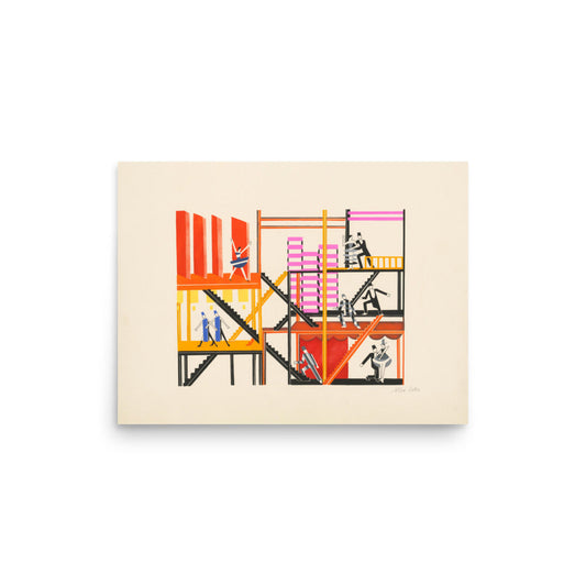 Theatrical illustration by Alexandra Exter showing stylized human figures under angular beams of light, blending costume and abstract space.

