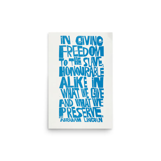 Vintage poster by Paul Peter Piech (1971), featuring Abraham Lincoln’s quote ‘In giving freedom to the slave’ with bold blue graphic design.