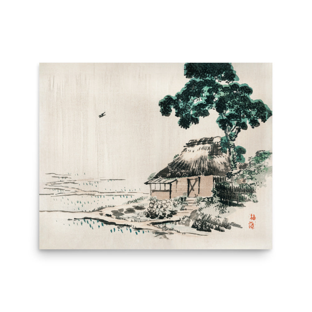 Cottage illustration by Kōno Bairei (1844–1895), featuring a traditional Japanese home surrounded by natural elements.