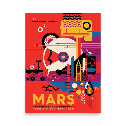 Vintage-style poster for a fictional space journey to Mars, featuring NASA-inspired visuals, robotic elements, and futuristic designs.