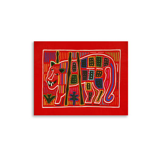 Mola Reverse Appliqué (20th century) featuring a tiger motif, showcasing vibrant embroidery and layered fabric patterns.