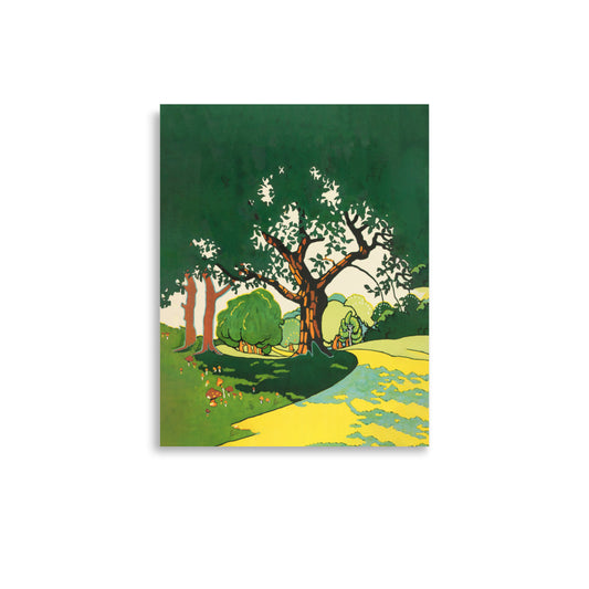 Landscape poster of Oxhey Woods (1915) by Edward McKnight Kauffer, featuring rolling hills, a forest pathway, and a tranquil summer atmosphere.