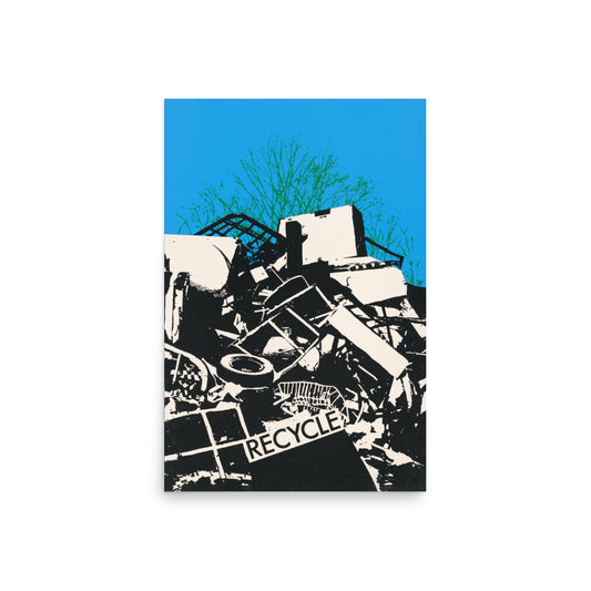 Recycle Poster (1971) by Graphic Workshop, featuring bold illustrations and an environmental message to promote recycling.