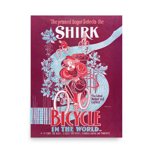 Vintage advertisement for the Shirk bicycle (1890–1900), featuring Art Nouveau floral elements and elegant design.