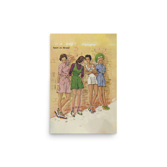 Vintage poster titled Sport en Strand K 34371, featuring women in tennis or beachwear, with elegant patterns and stylish design.