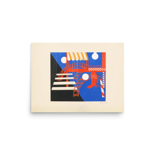 Abstract stage composition by Alexandra Exter featuring intersecting beams, architectural shapes, and bold theatrical geometry.
