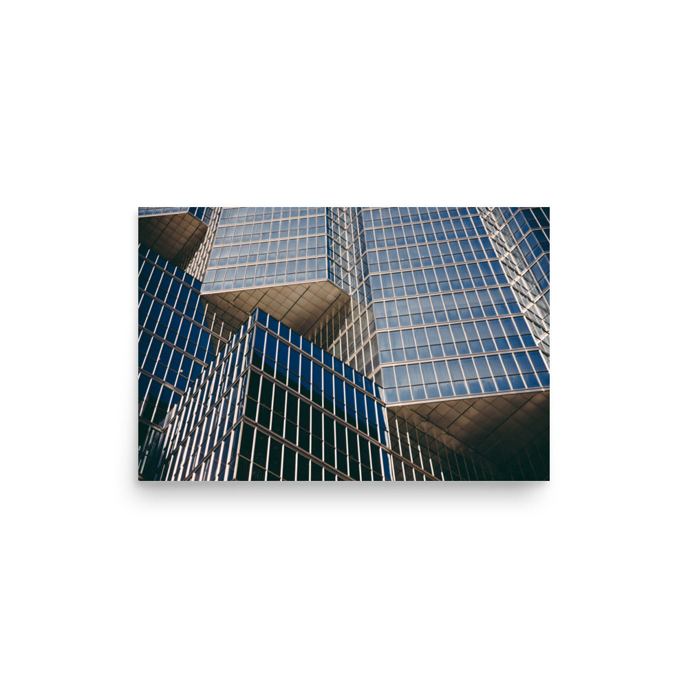 Vibrant photograph of urban architecture showcasing modern building designs with bold colors and dynamic angles.