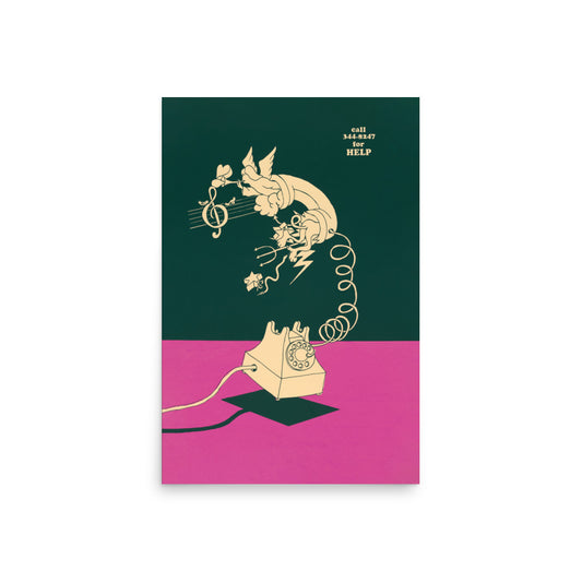 Art print of a vintage rotary phone featuring line art design in a soft pink retro-inspired style.