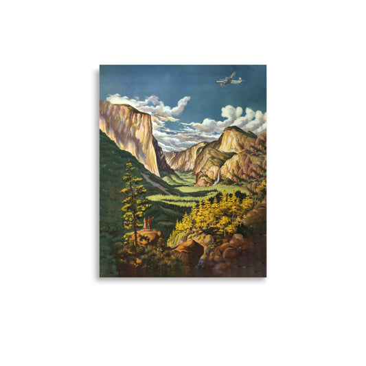 Vintage travel poster for Yosemite National Park by United Air Lines (1945), featuring mountain scenery and nature-inspired design.