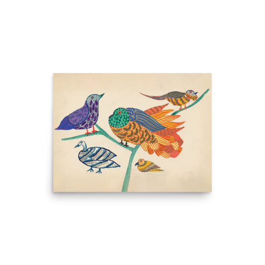  Embroidery design of birds and branches from 1914 by Atelier Martine and Paul Poiret, blending nature and ornamental textile art.