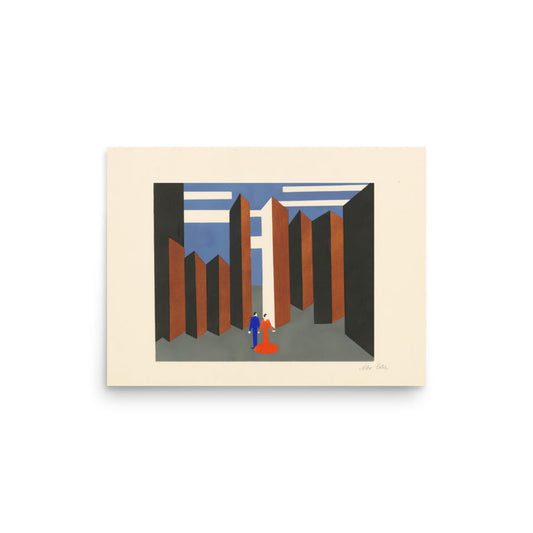Minimalist theater scene by Alexandra Exter featuring two central figures framed by vertical brown columns in an abstract architectural setting.

