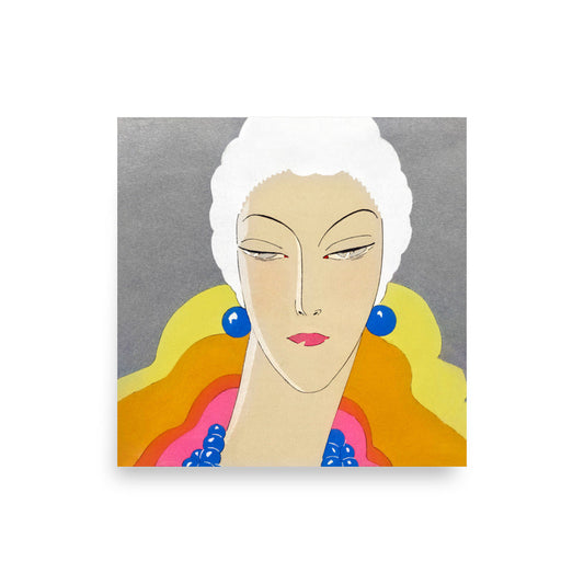 Stylized Art Deco portrait of a fashionable woman from the 1928 cover of Art-Goût-Beauté, with white hair, colorful accessories, and graphic elegance.