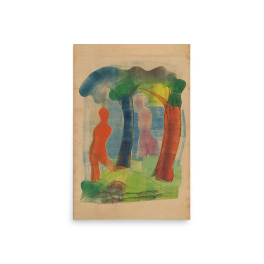 Abstract print titled Zuidzee-eiland (1936) by H.N. Werkman, depicting an imaginative coastal form with bold shapes and textured color fields.

