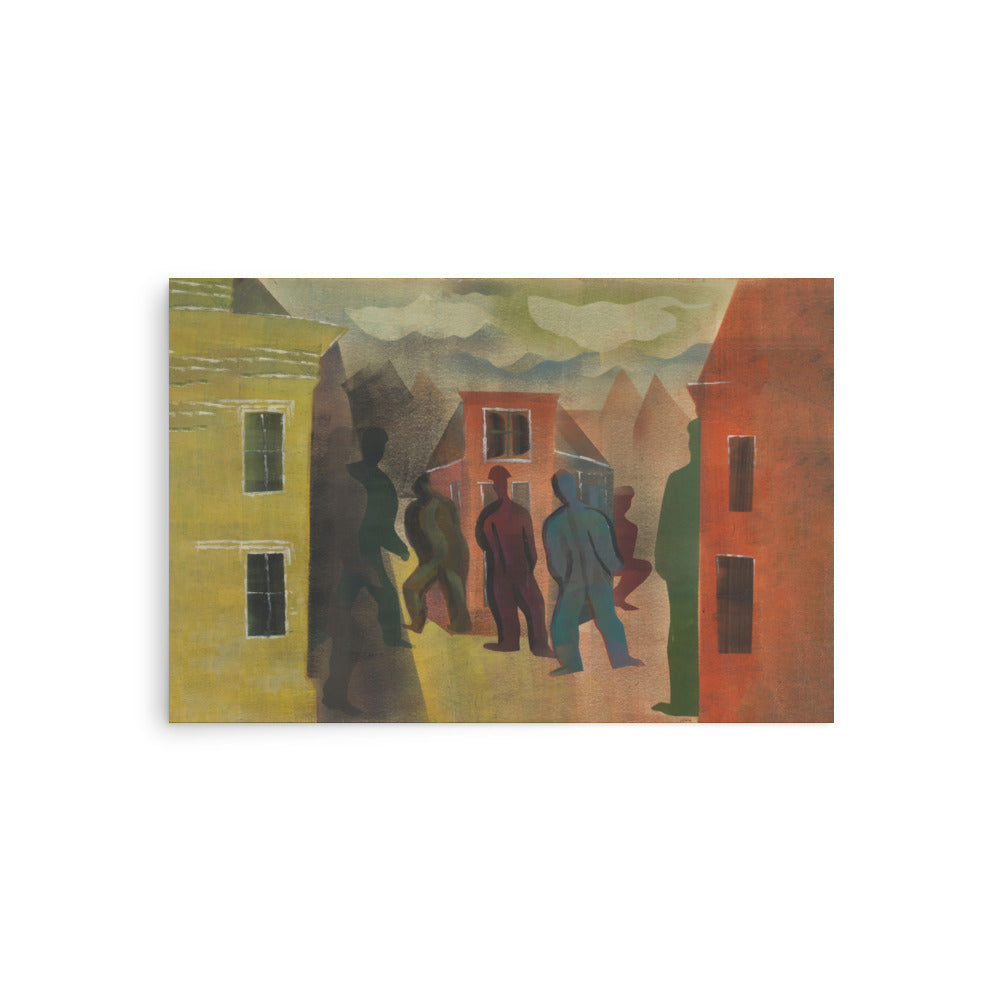 Stylized street scene by Hendrik Nicolaas Werkman from 1944, showing abstract human figures and architectural shapes in a muted, graphic palette.