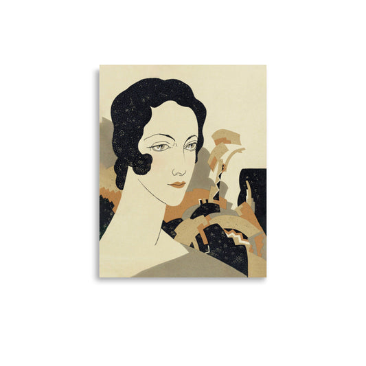 Elegant stylized portrait of a woman’s head from a 1931 fashion illustration, featuring minimal lines and soft tonal balance.

